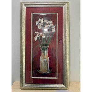 Framed Iris Flower Painting , Signed Joyce Combs,Floral Art Wall Gold Tone Frame